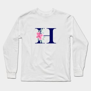 Watercolor Floral Letter H in Navy Long Sleeve T-Shirt